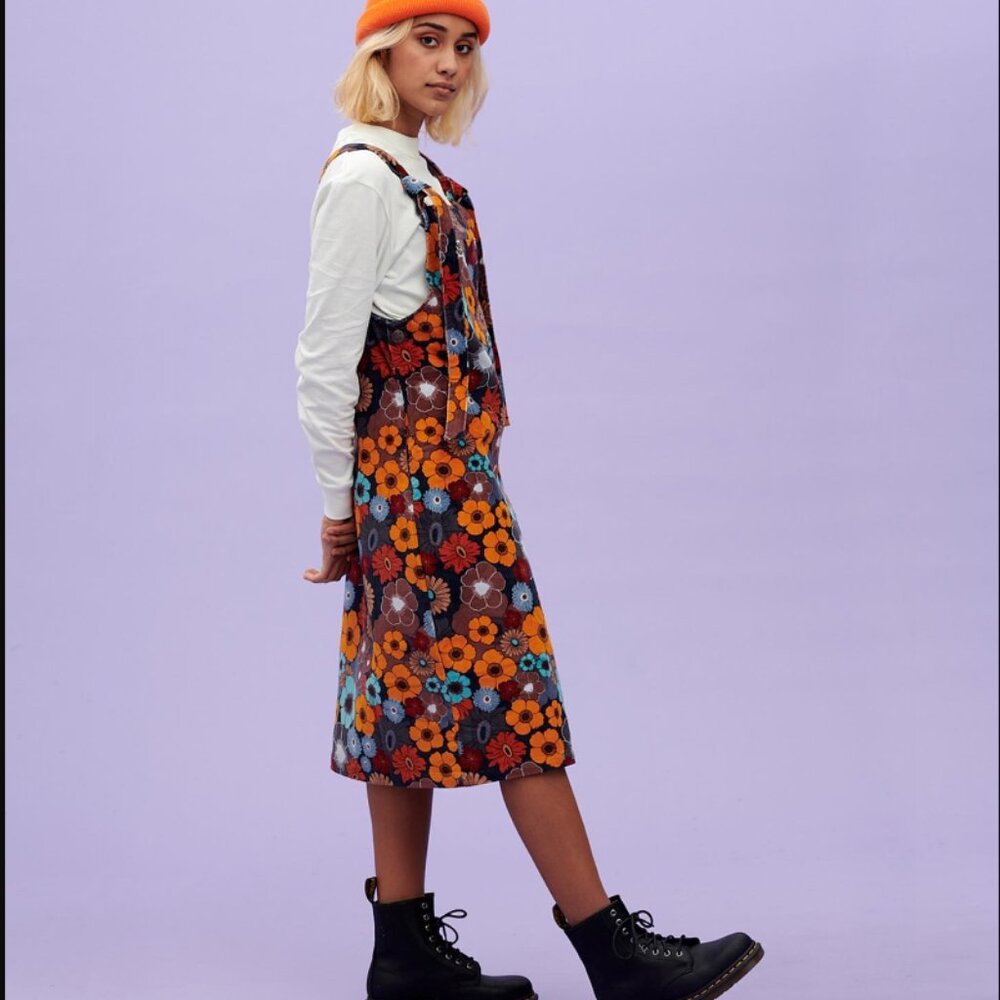 Lucy & Yak Freyja Corduroy Floral Print 70s Dawn Print Jumper Midi Dress